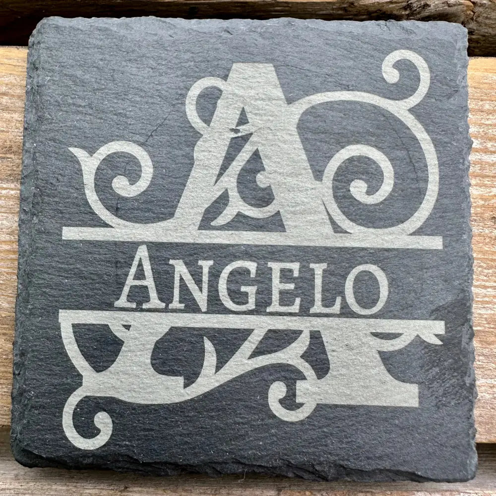 Custom Last Name / Monogram Slate Coaster Laser Engraved Natural Stone (No Finish) 4 Pc. Set Design