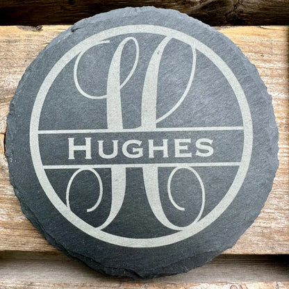 Custom Last Name / Monogram Slate Coaster Laser Engraved Natural Stone (No Finish) 4 Pc. Set Design