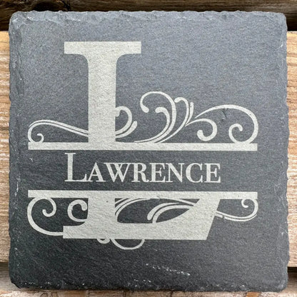 Custom Last Name / Monogram Slate Coaster Laser Engraved Natural Stone (No Finish) 4 Pc. Set Design