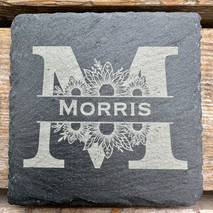 Custom Last Name / Monogram Slate Coaster Laser Engraved Natural Stone (No Finish) 4 Pc. Set Design