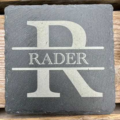 Custom Last Name / Monogram Slate Coaster Laser Engraved Natural Stone (No Finish) 4 Pc. Set Design