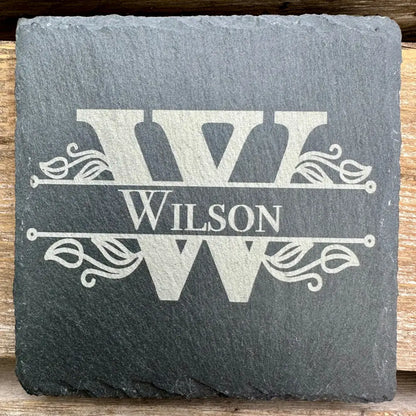 Custom Last Name / Monogram Slate Coaster Laser Engraved Natural Stone (No Finish) 4 Pc. Set Design