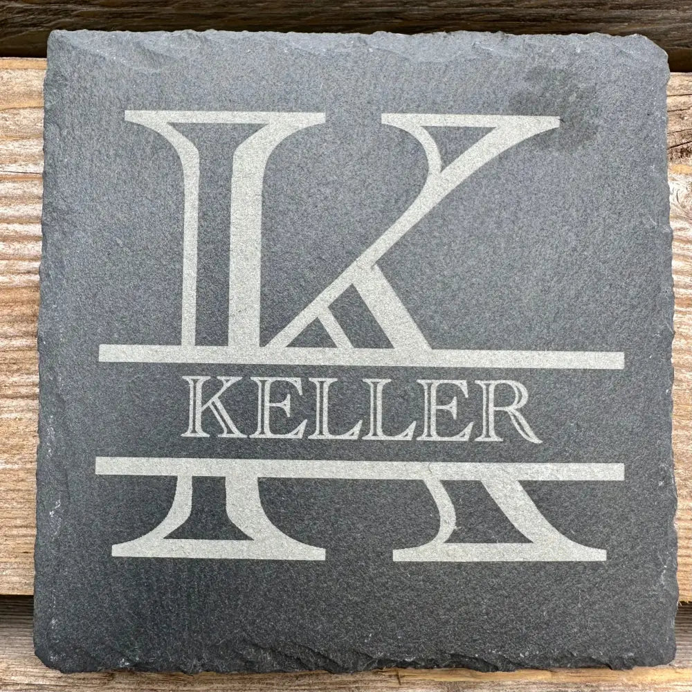 Custom Last Name / Monogram Slate Coaster Laser Engraved Natural Stone (No Finish) 4 Pc. Set Design