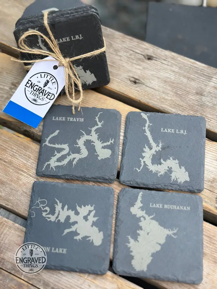 Texas Lakes Slate Coaster Set 1 - Hill Country & Central Tx 4Pc. Coasters